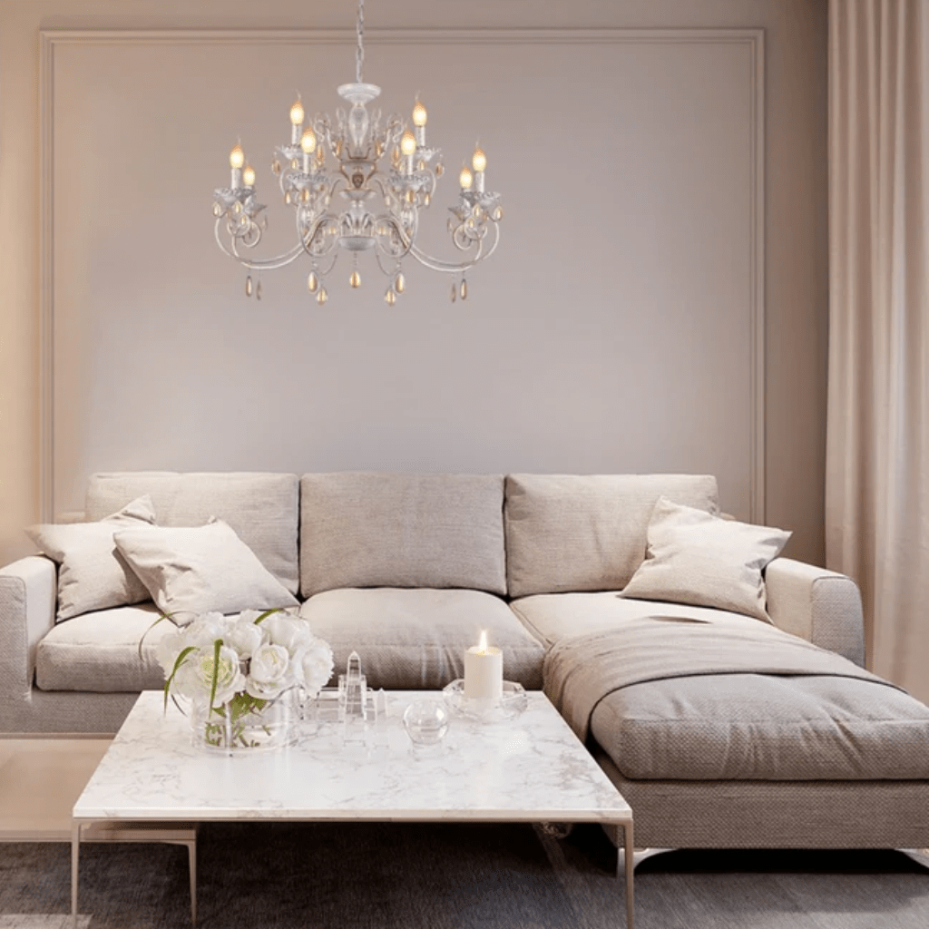 TKLD Pendant & Chandeliers Amber Crystals Rice White with Gold Brushed Metal Arm E14 Ceiling Chandelier Light - 8 Candles