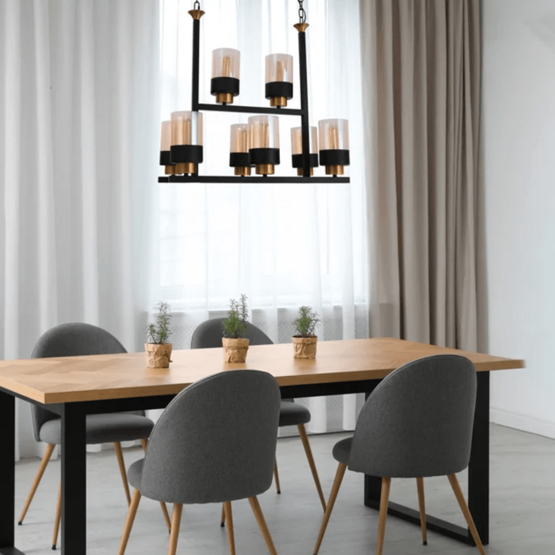 TKLD Pendant & Chandeliers Amber Cylinder Glass Black Metal Chandelier Ceiling Light