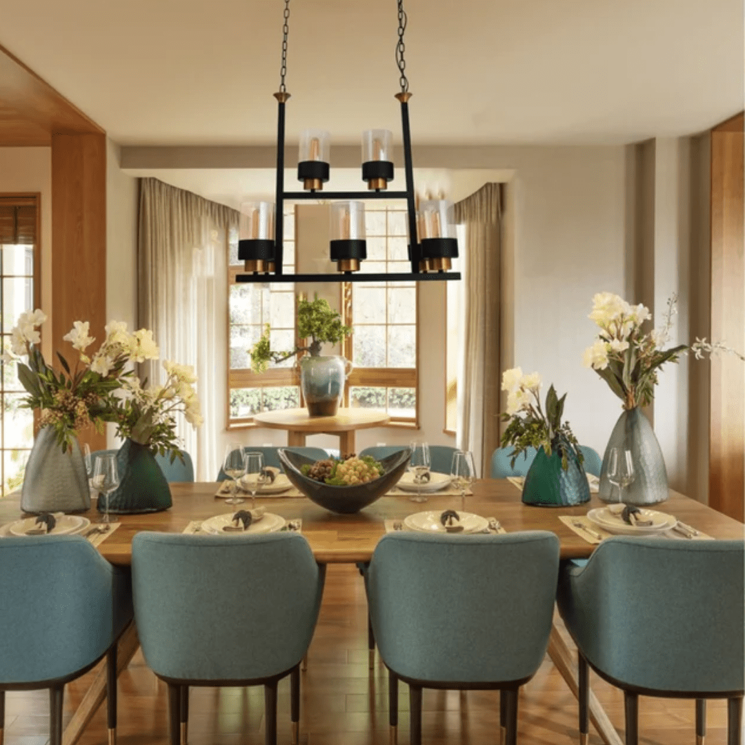 TKLD Pendant & Chandeliers Amber Cylinder Glass Black Metal Chandelier Ceiling Light