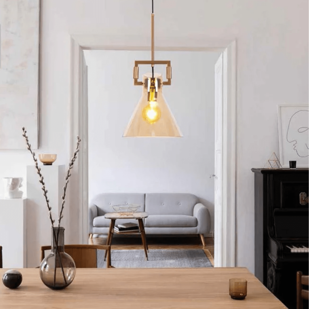 TKLD Pendant & Chandeliers Amber Funnel Glass Gold Metal Body Ceiling Pendant Light