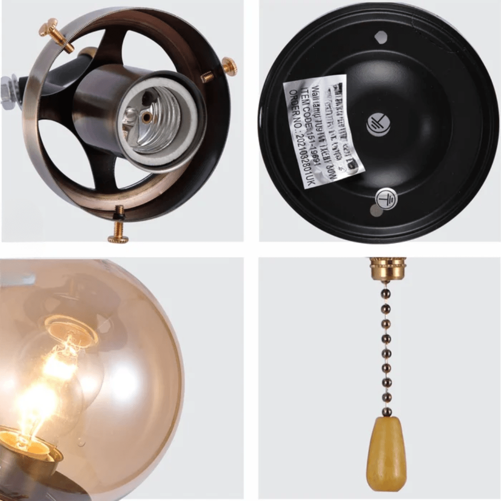 TKLD Wall & Sconce Lights Amber Glass Antique Brass and Black Globe E27 Wall Light with Pull Down Switch