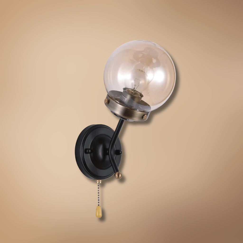 TKLD Wall & Sconce Lights Amber Glass Antique Brass and Black Globe E27 Wall Light with Pull Down Switch