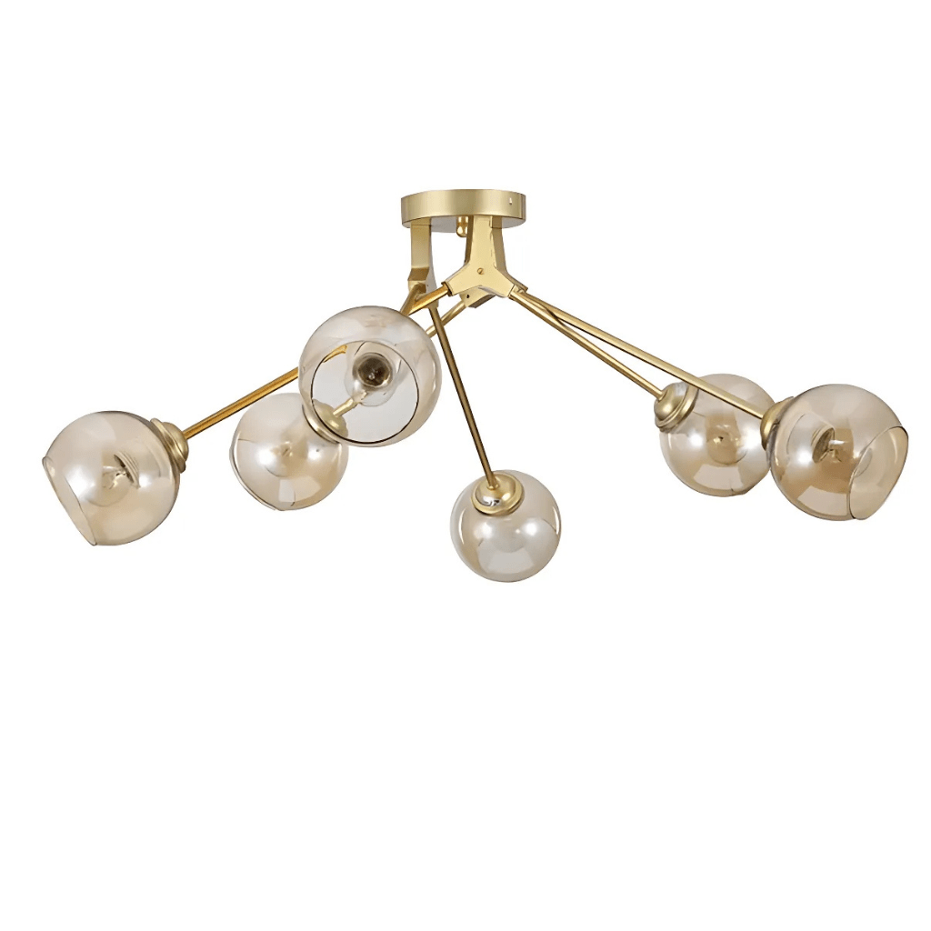 TKLD Ceiling Lights Amber Glass Dome Gold Aluminium Bronze Wishbone Semi Flush E27 Ceiling Light - 6 Lamps
