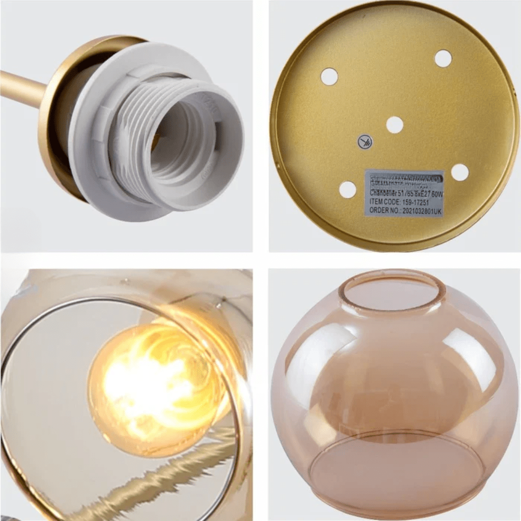 TKLD Ceiling Lights Amber Glass Dome Gold Aluminium Bronze Wishbone Semi Flush E27 Ceiling Light - 6 Lamps