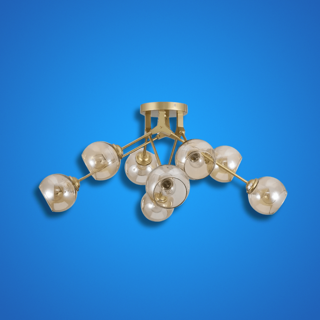 TKLD Ceiling Lights Amber Glass Dome Gold Aluminium Bronze Wishbone Semi Flush E27 Ceiling Light - 8 Lamps