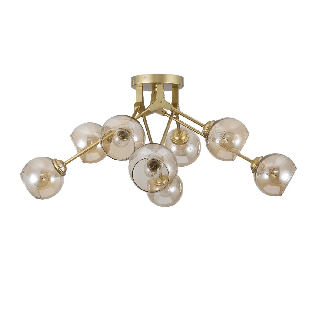 TKLD Ceiling Lights Amber Glass Dome Gold Aluminium Bronze Wishbone Semi Flush E27 Ceiling Light - 8 Lamps