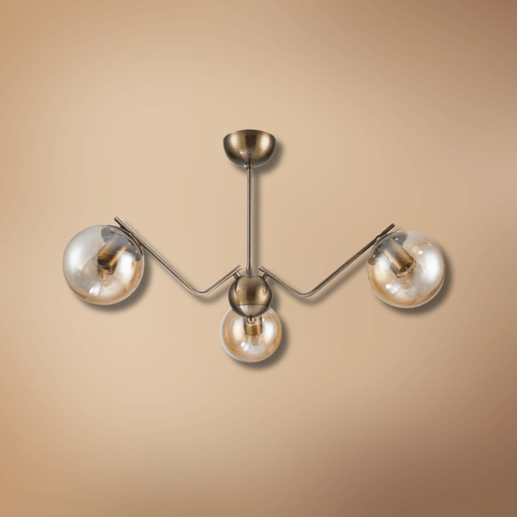 TKLD Ceiling Lights Amber Globe Glass Antique Brass Metal Spider Semi Flush Ceiling Light - 3 Lamps