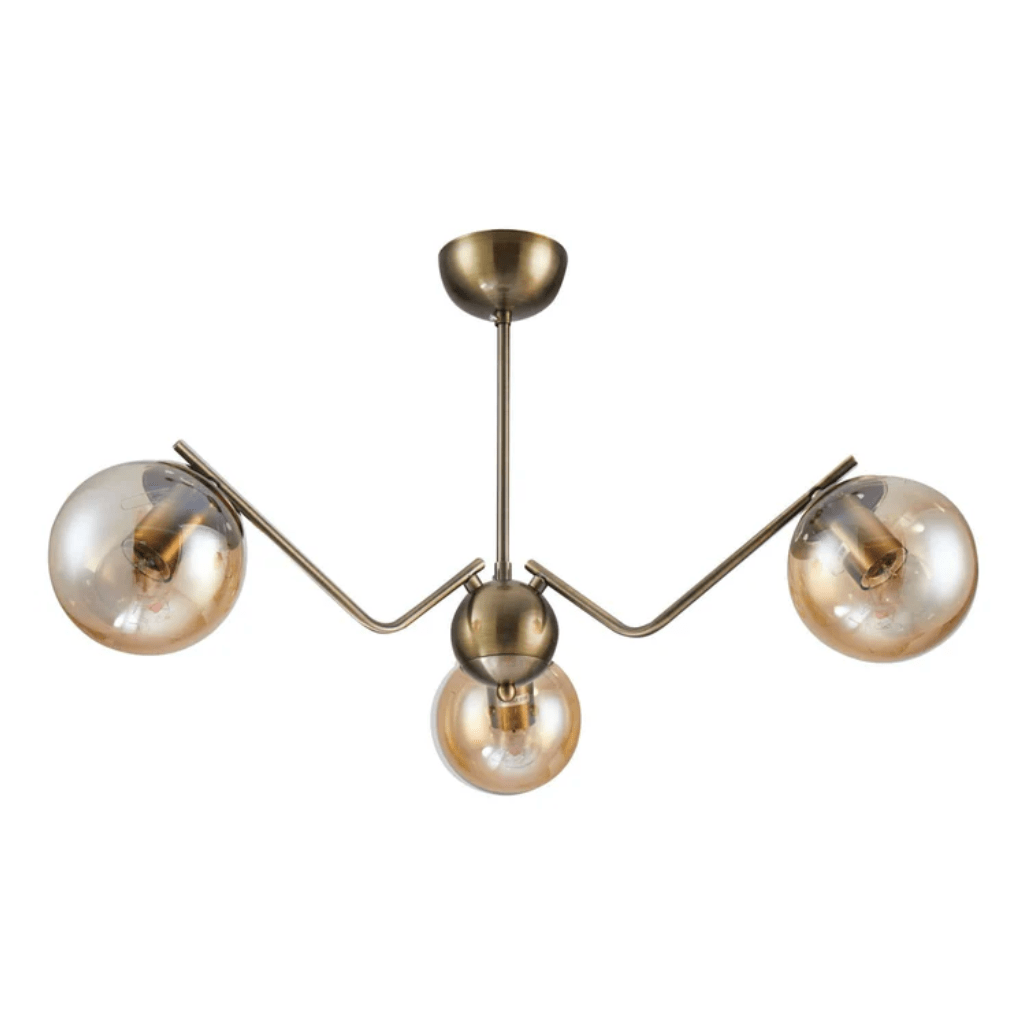 TKLD Ceiling Lights Amber Globe Glass Antique Brass Metal Spider Semi Flush Ceiling Light - 3 Lamps
