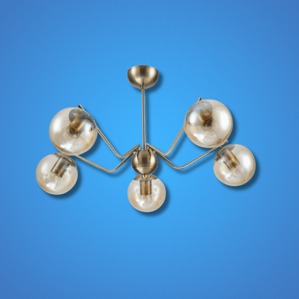TKLD Ceiling Lights Amber Globe Glass Antique Brass Metal Spider Semi Flush Ceiling Light - 5 Lamps