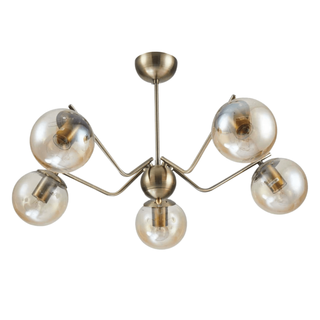 TKLD Ceiling Lights Amber Globe Glass Antique Brass Metal Spider Semi Flush Ceiling Light - 5 Lamps