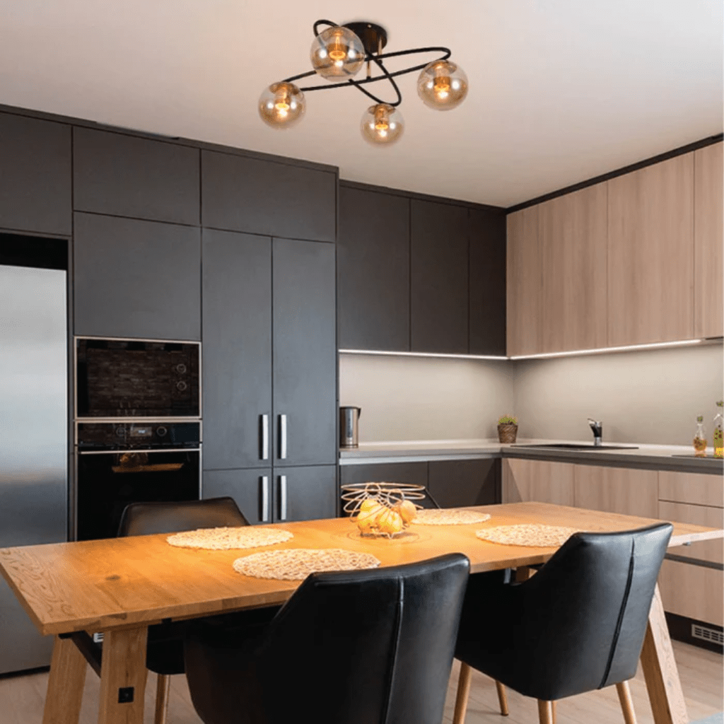 TKLD Ceiling Lights Amber Globe Glass Black Ellipse Metal Modern Semi Flush Ceiling Light E27 - 4 Lamps