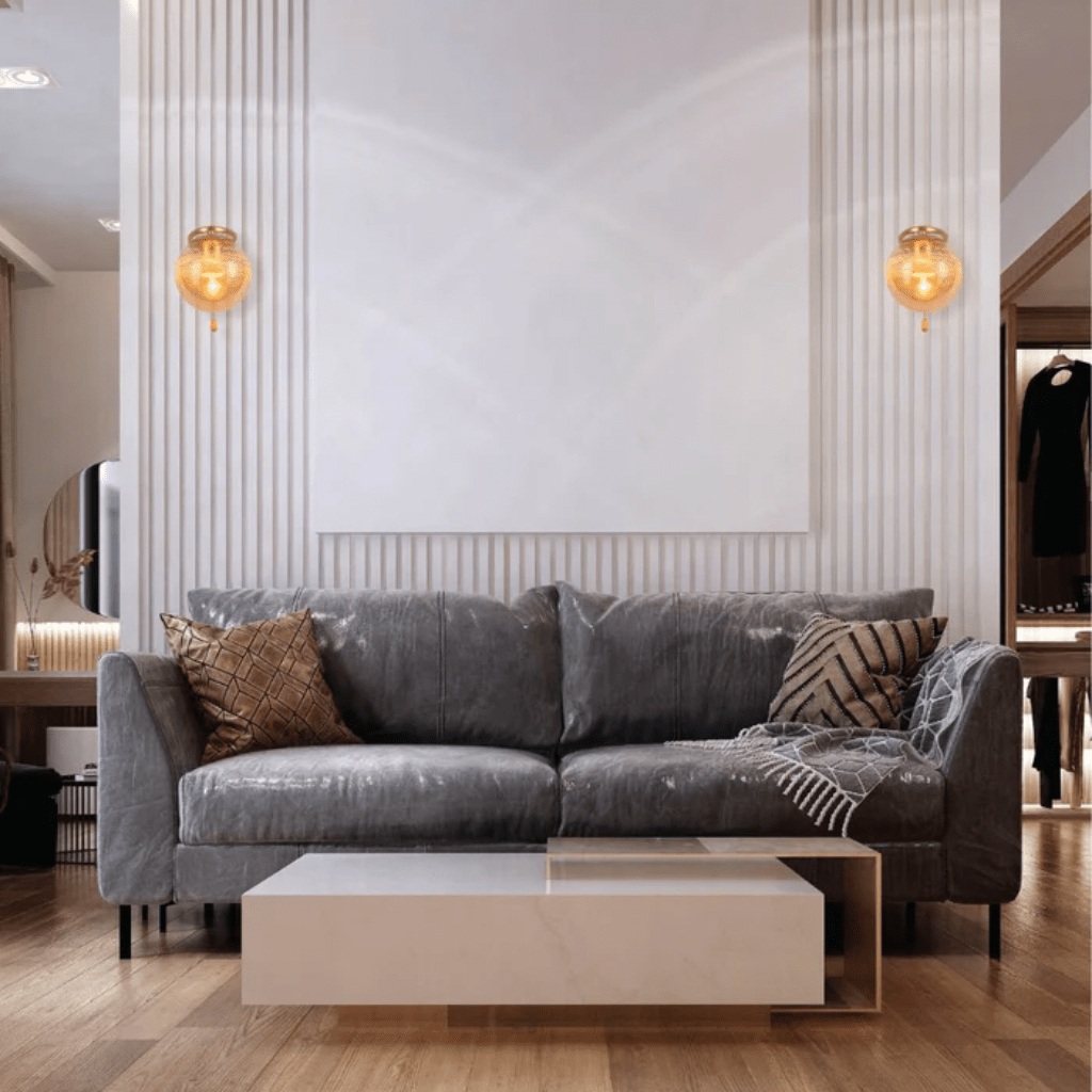 TKLD Wall & Sconce Lights Amber Globe Glass Gold Ellipse Metal Body Modern E27 Wall Light with Pull Down Switch