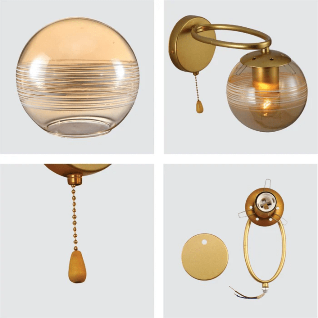 TKLD Wall & Sconce Lights Amber Globe Glass Gold Ellipse Metal Body Modern E27 Wall Light with Pull Down Switch
