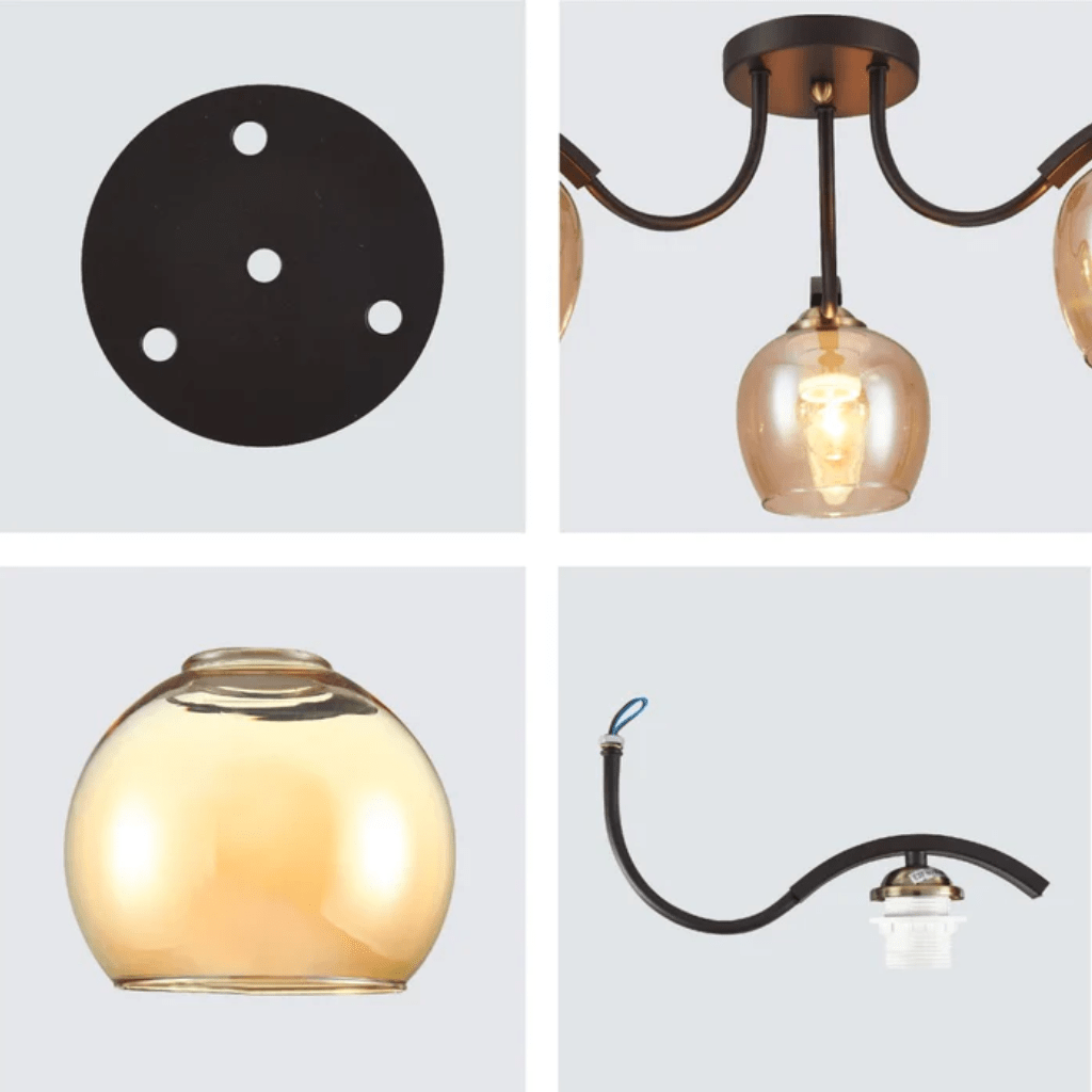 TKLD Ceiling Lights Amber New Glass Black Semi-Flush E27 Ceiling Light - 3 Lamps