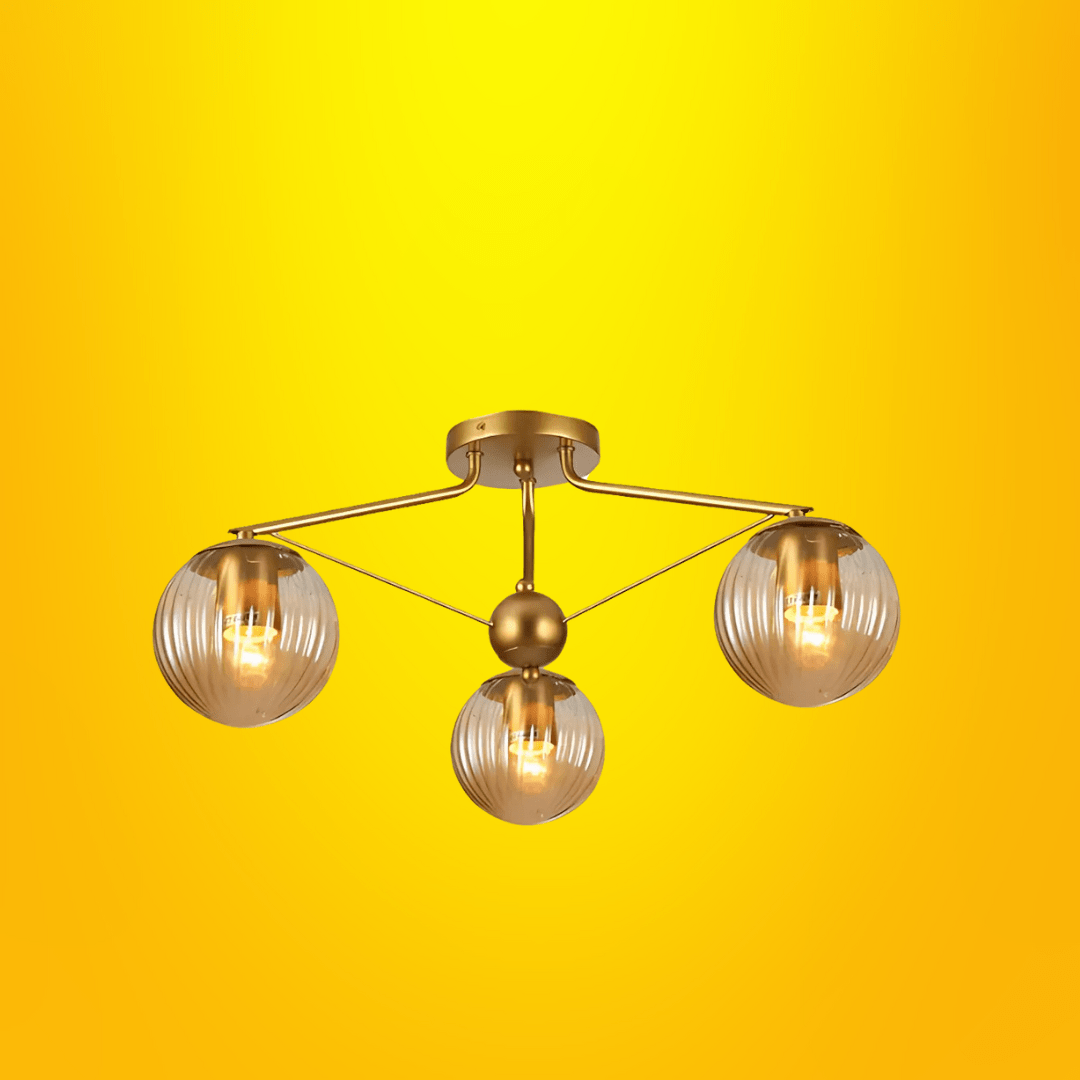 TKLD Ceiling Lights Amber Reeded 3 Lamp Globe Gold Semi Flush Ceiling Light - 40W