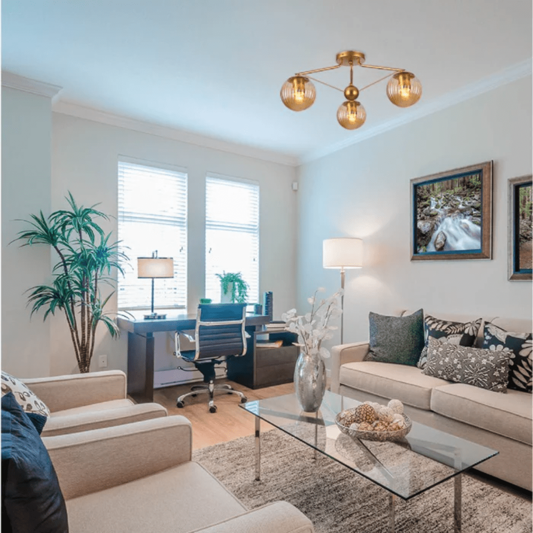 TKLD Ceiling Lights Amber Reeded 3 Lamp Globe Gold Semi Flush Ceiling Light - 40W