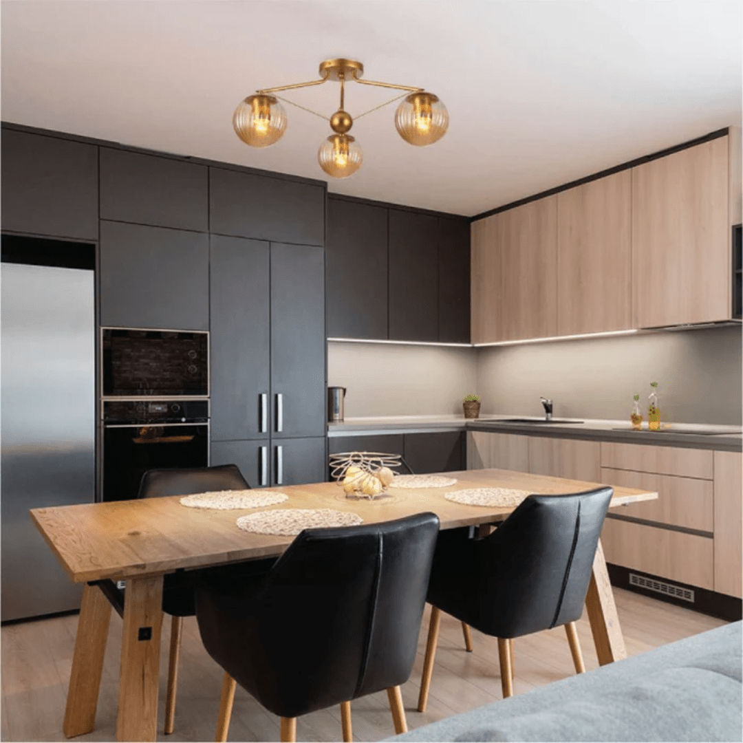 TKLD Ceiling Lights Amber Reeded 3 Lamp Globe Gold Semi Flush Ceiling Light - 40W