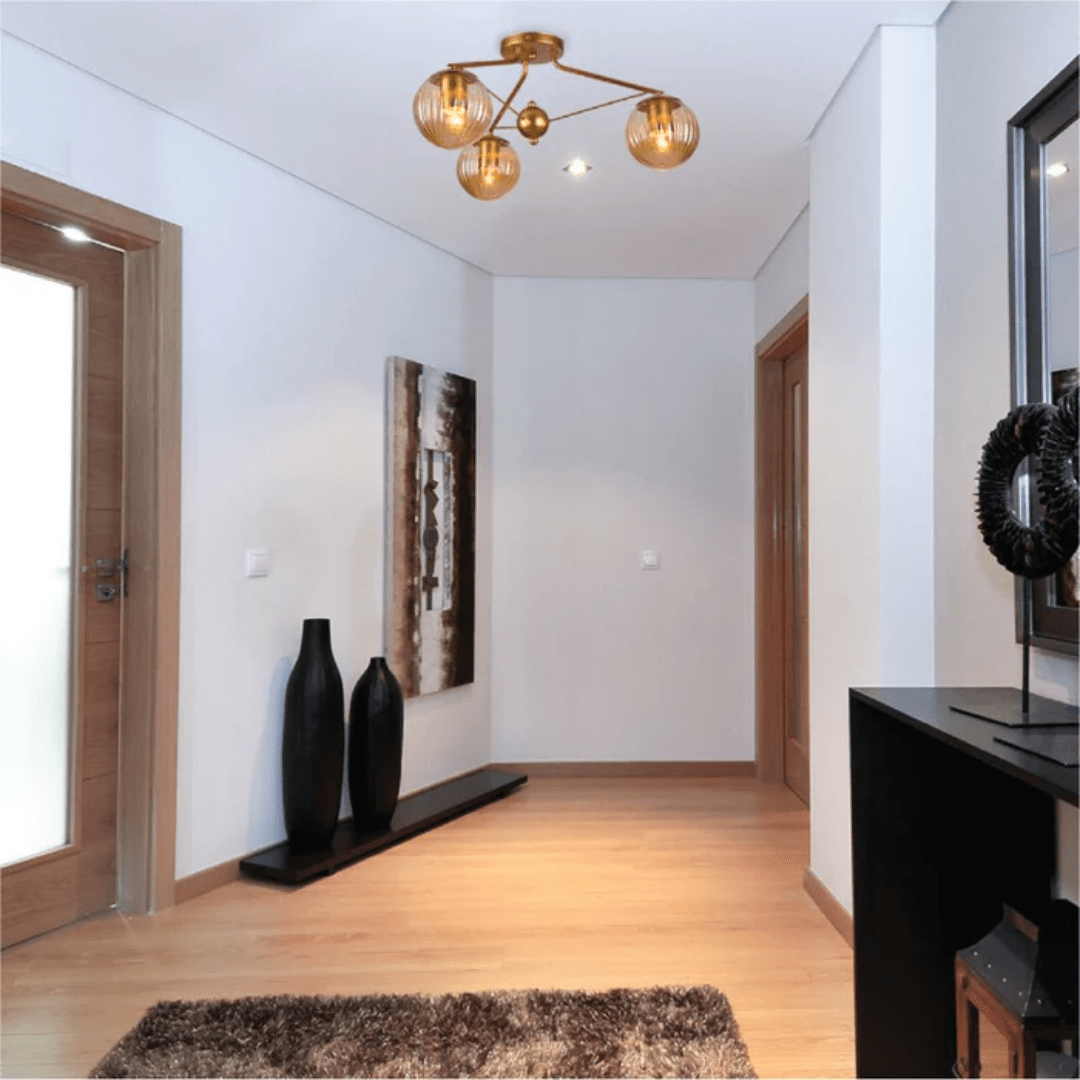 TKLD Ceiling Lights Amber Reeded 3 Lamp Globe Gold Semi Flush Ceiling Light - 40W