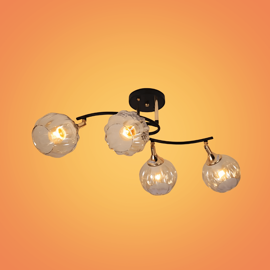 TKLD Ceiling Lights Amber Reeded 4 Lamp Globe Glass Vintage Retro Semi Flush Ceiling Light - 40W