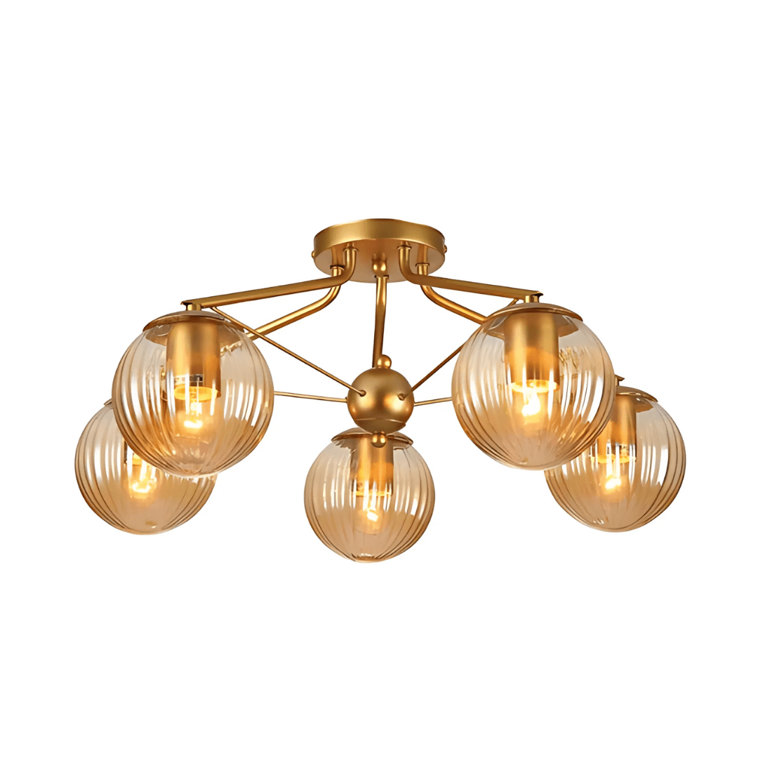 TKLD Ceiling Lights Amber Reeded 5 Lamp Globe Gold Semi Flush Ceiling Light - 40W