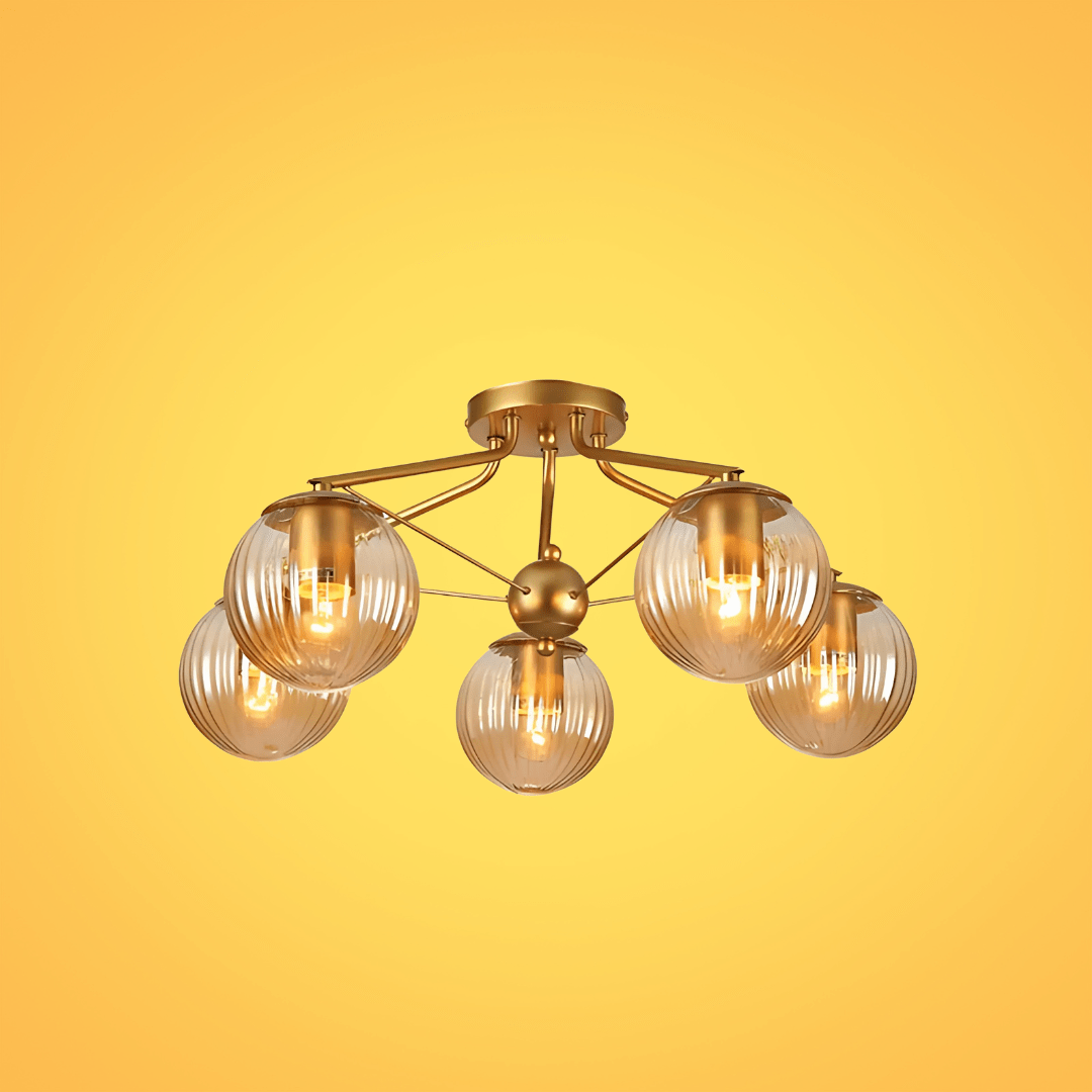 TKLD Ceiling Lights Amber Reeded 5 Lamp Globe Gold Semi Flush Ceiling Light - 40W
