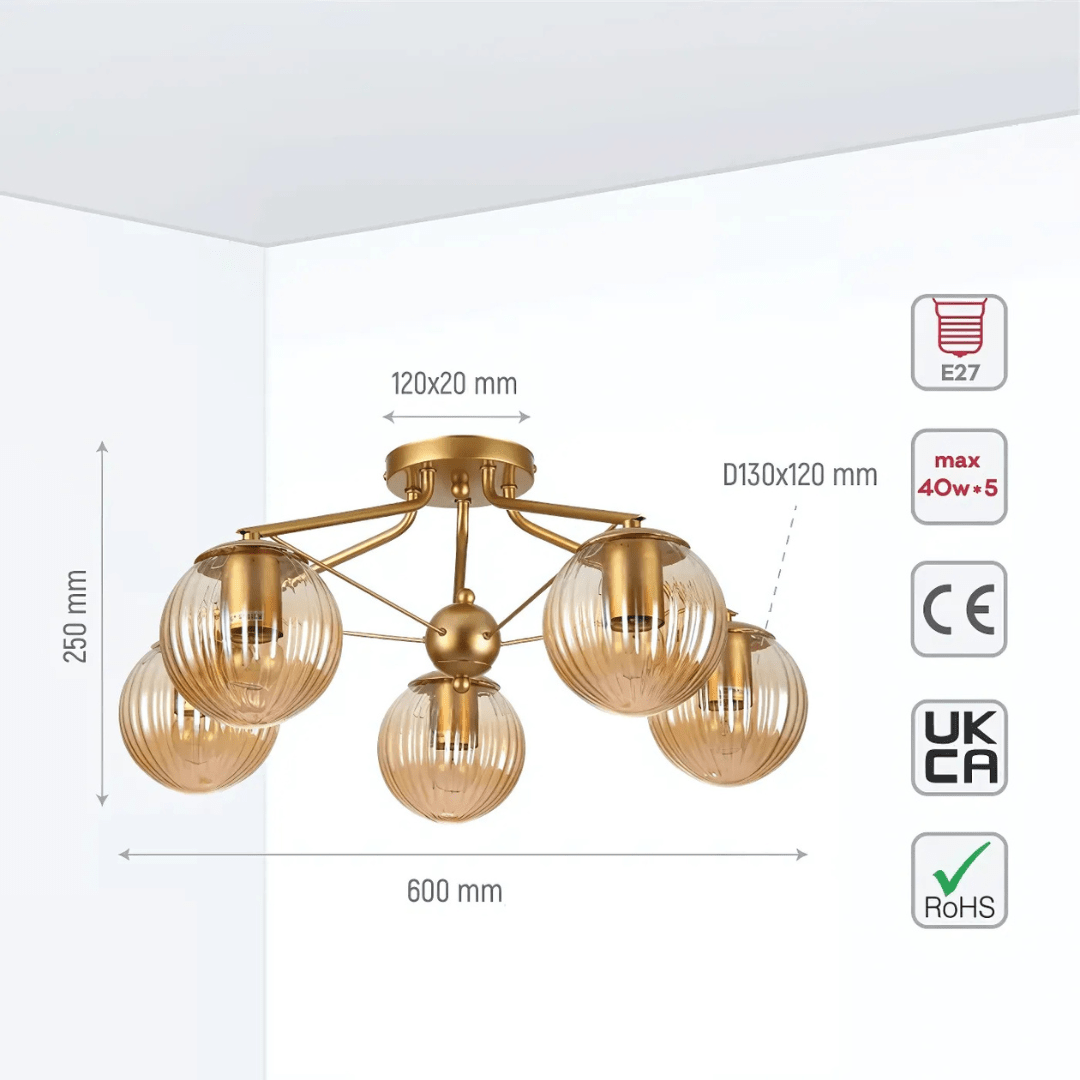 TKLD Ceiling Lights Amber Reeded 5 Lamp Globe Gold Semi Flush Ceiling Light - 40W