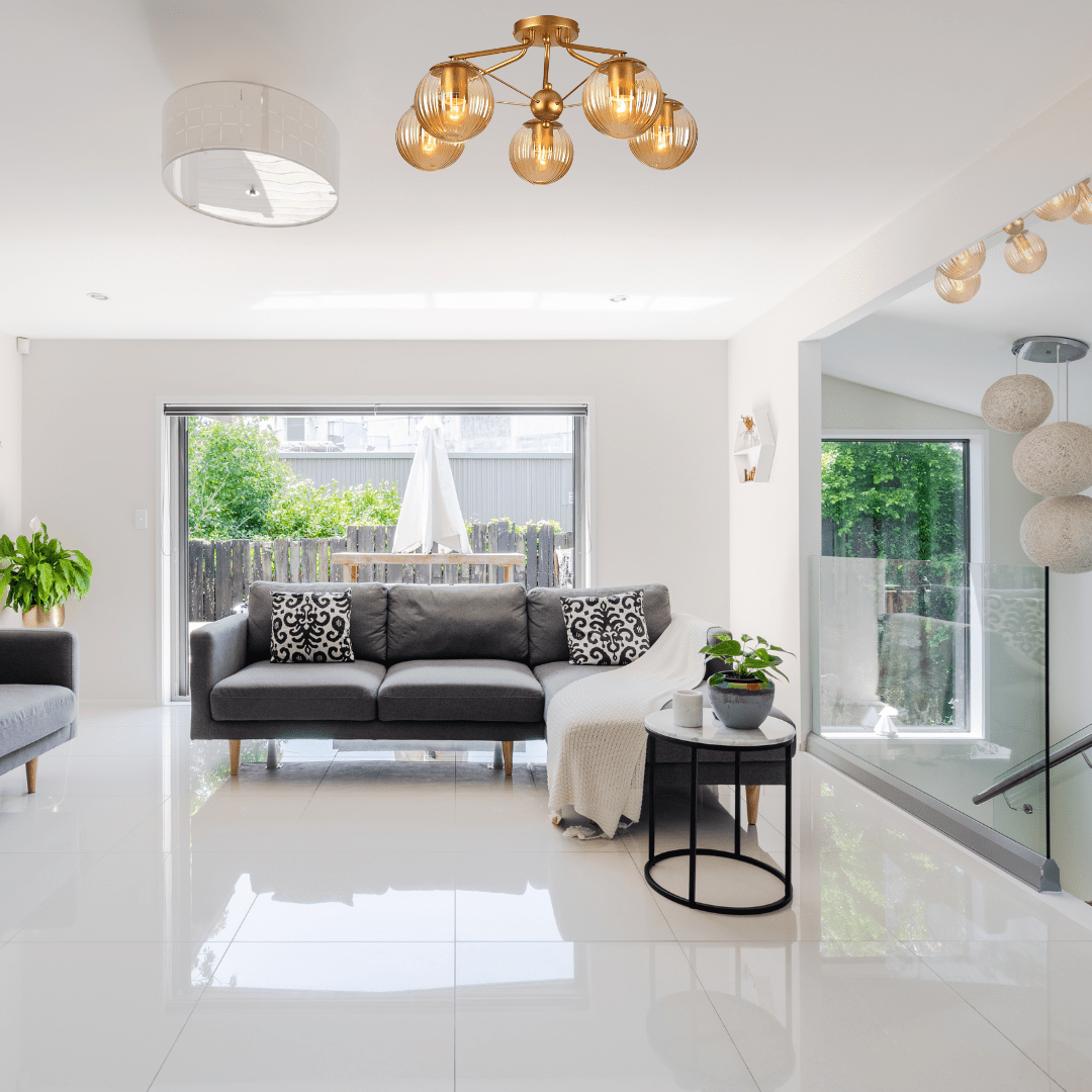 TKLD Ceiling Lights Amber Reeded 5 Lamp Globe Gold Semi Flush Ceiling Light - 40W