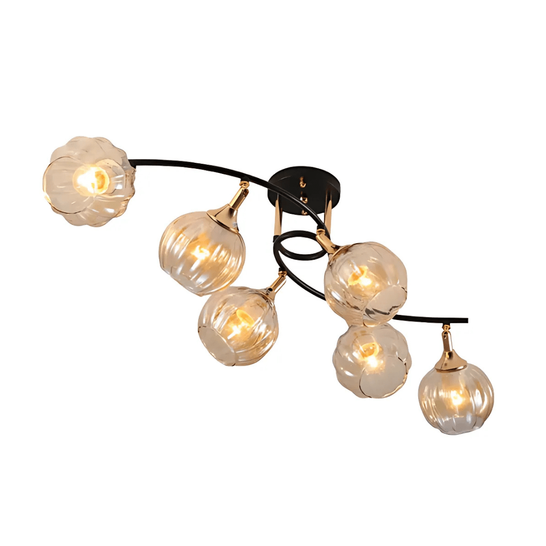 TKLD Ceiling Lights Amber Reeded 6 Lamp Globe Glass Vintage Retro Semi Flush Ceiling Light - 40W