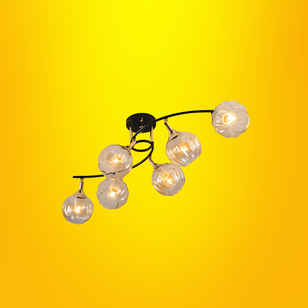 TKLD Ceiling Lights Amber Reeded 6 Lamp Globe Glass Vintage Retro Semi Flush Ceiling Light - 40W