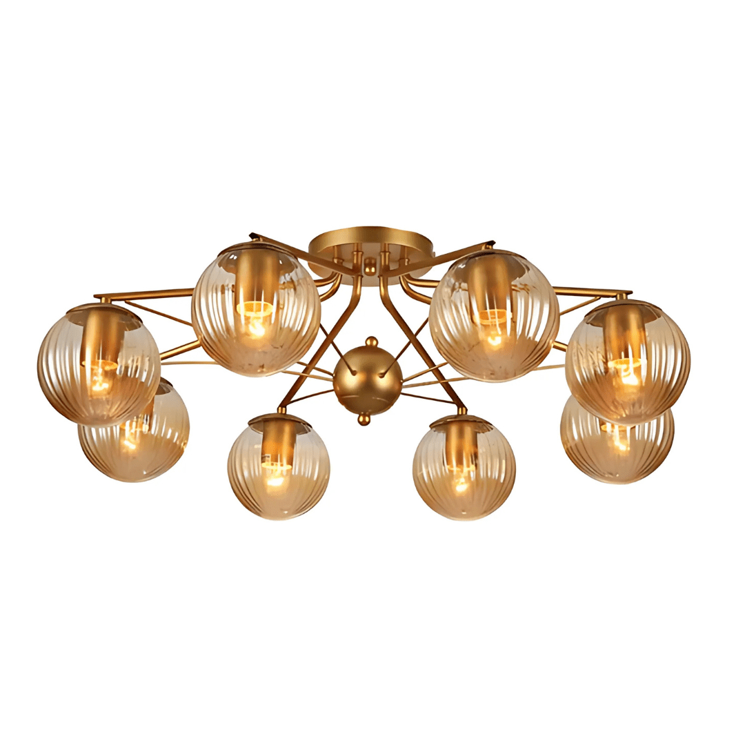 TKLD Ceiling Lights Amber Reeded 8 Lamp Globe Gold Semi Flush Ceiling Light - 40W
