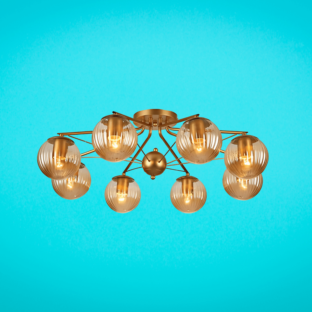 TKLD Ceiling Lights Amber Reeded 8 Lamp Globe Gold Semi Flush Ceiling Light - 40W