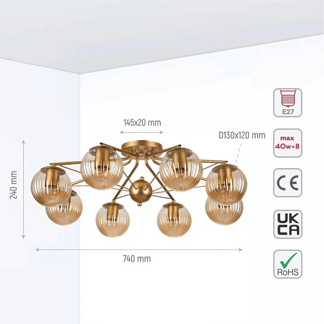 TKLD Ceiling Lights Amber Reeded 8 Lamp Globe Gold Semi Flush Ceiling Light - 40W