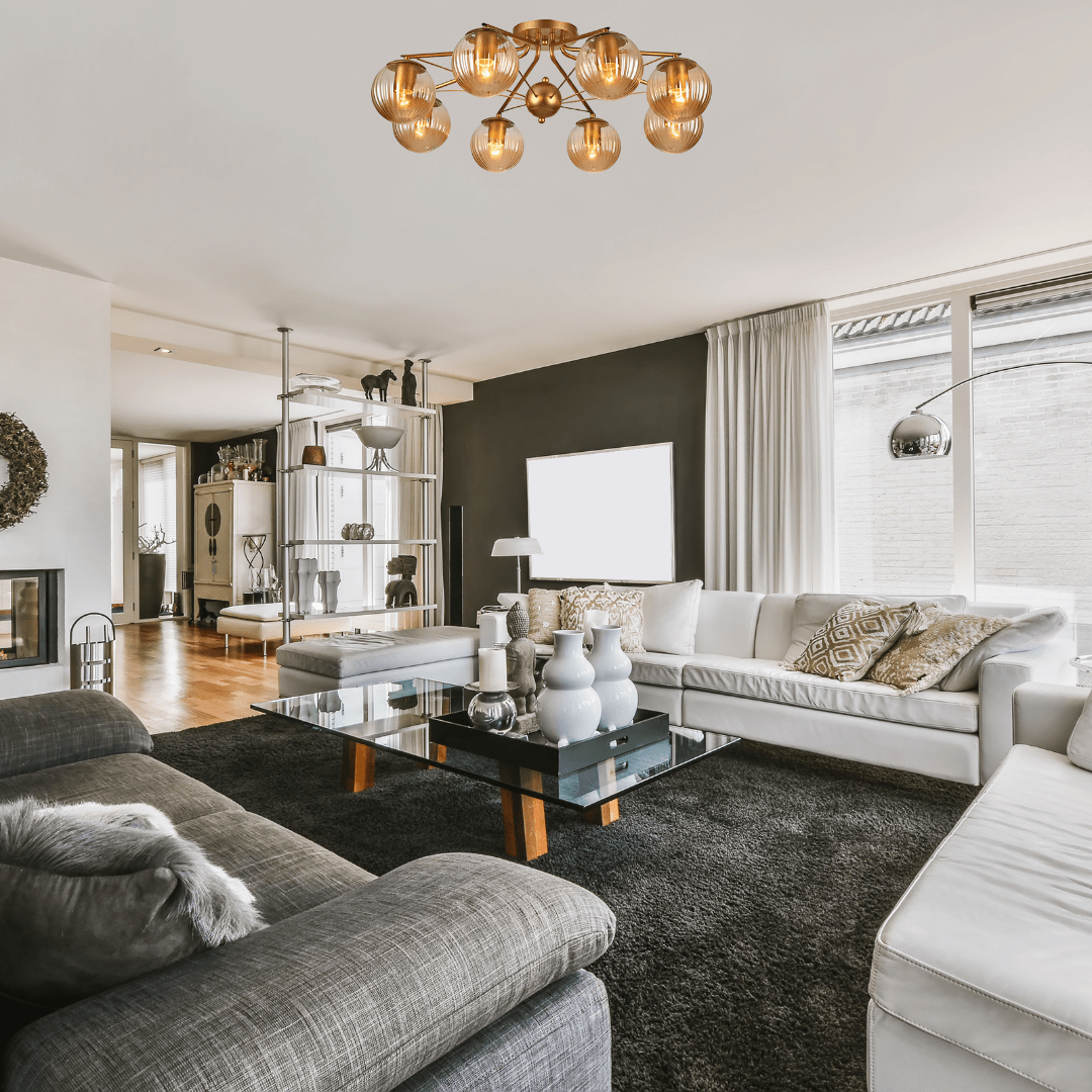 TKLD Ceiling Lights Amber Reeded 8 Lamp Globe Gold Semi Flush Ceiling Light - 40W