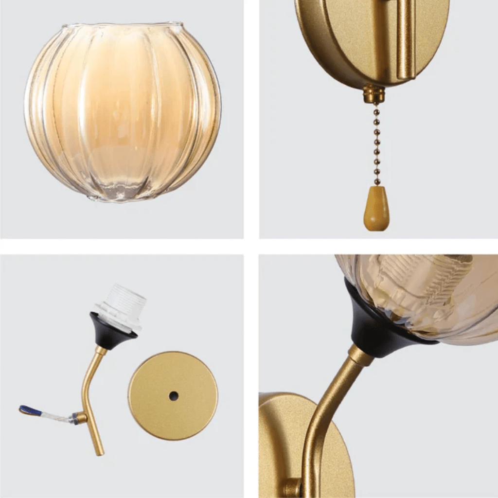 TKLD Wall & Sconce Lights Amber Reeded Globe Glass Gold Metal Vintage Retro E27 Wall Light with Pull Down Switch