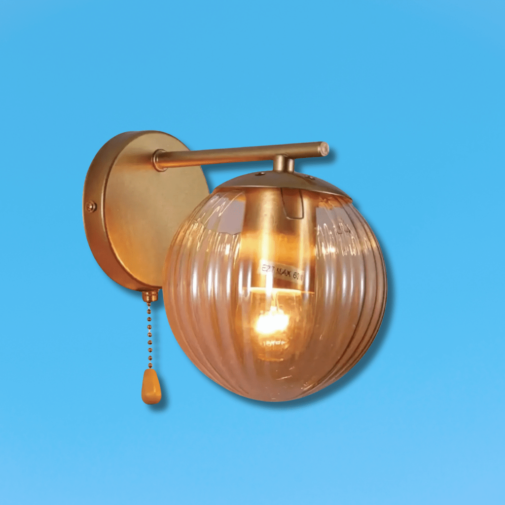 TKLD Wall & Sconce Lights Amber Reeded Globe Gold Wall Light E27 Pull Down Switch