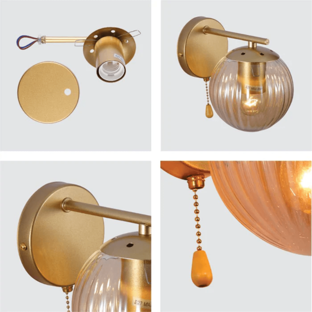 TKLD Wall & Sconce Lights Amber Reeded Globe Gold Wall Light E27 Pull Down Switch