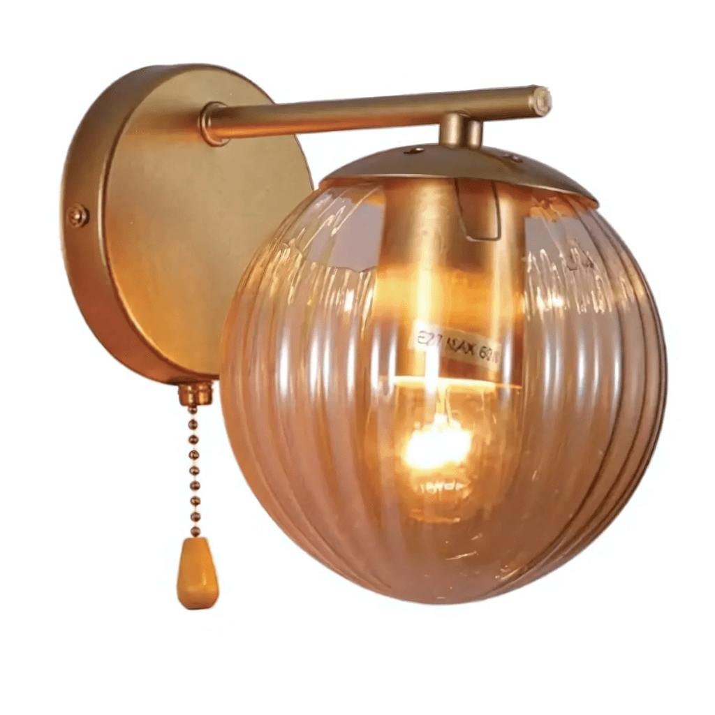 TKLD Wall & Sconce Lights Amber Reeded Globe Gold Wall Light E27 Pull Down Switch