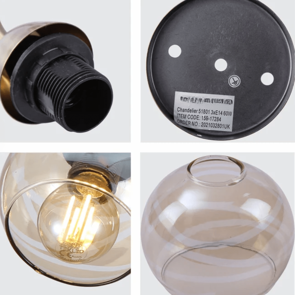 TKLD Ceiling Lights Antique Brass Amber Glass Semi Flush E14 Ceiling Light - 3 Lamps