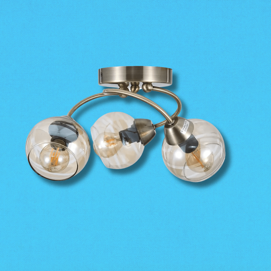 TKLD Ceiling Lights Antique Brass Amber Glass Semi Flush E14 Ceiling Light - 3 Lamps