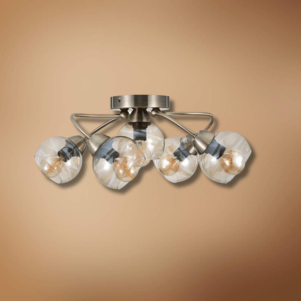 TKLD Ceiling Lights Antique Brass Amber Glass Semi Flush E14 Ceiling Light - 5 Lamps
