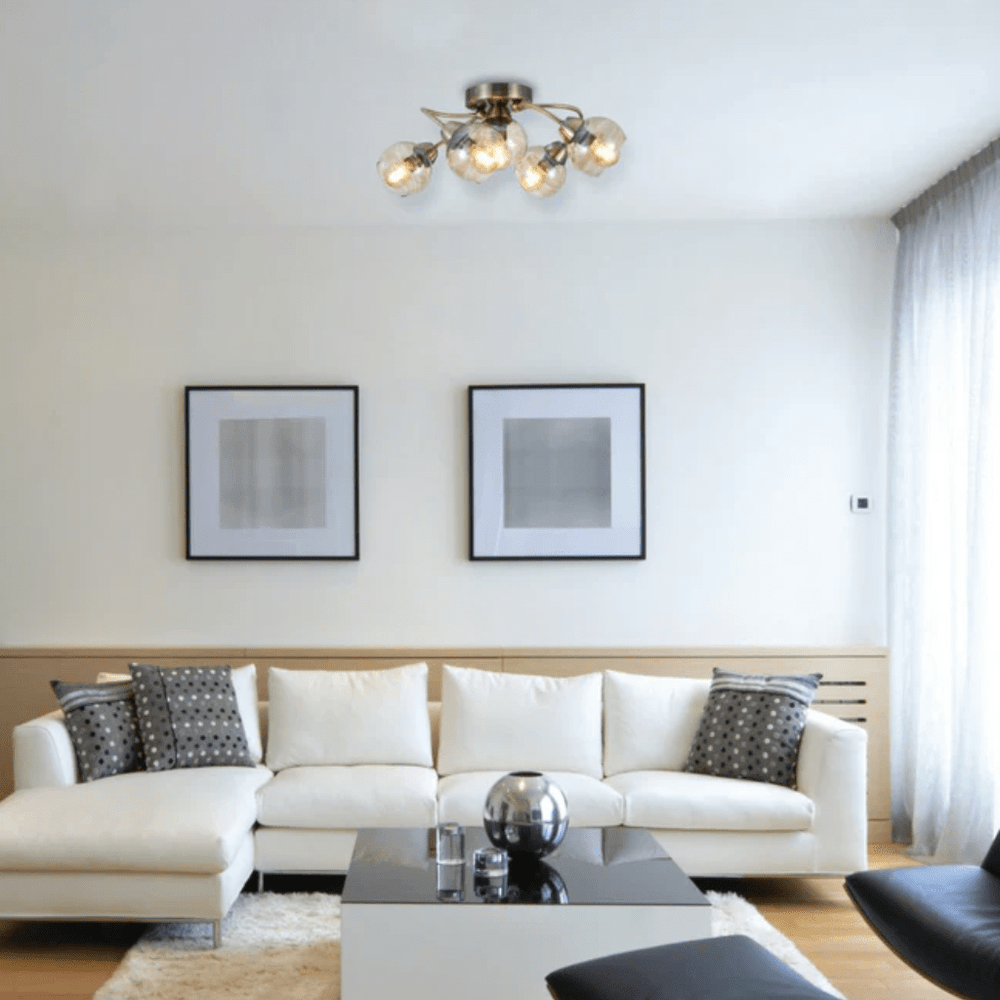 TKLD Ceiling Lights Antique Brass Amber Glass Semi Flush E14 Ceiling Light - 5 Lamps