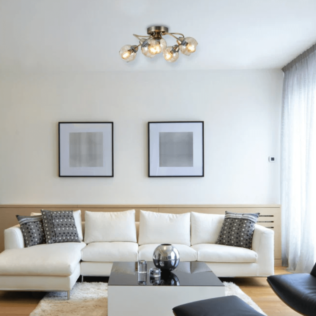 TKLD Ceiling Lights Antique Brass Amber Glass Semi Flush E14 Ceiling Light - 5 Lamps