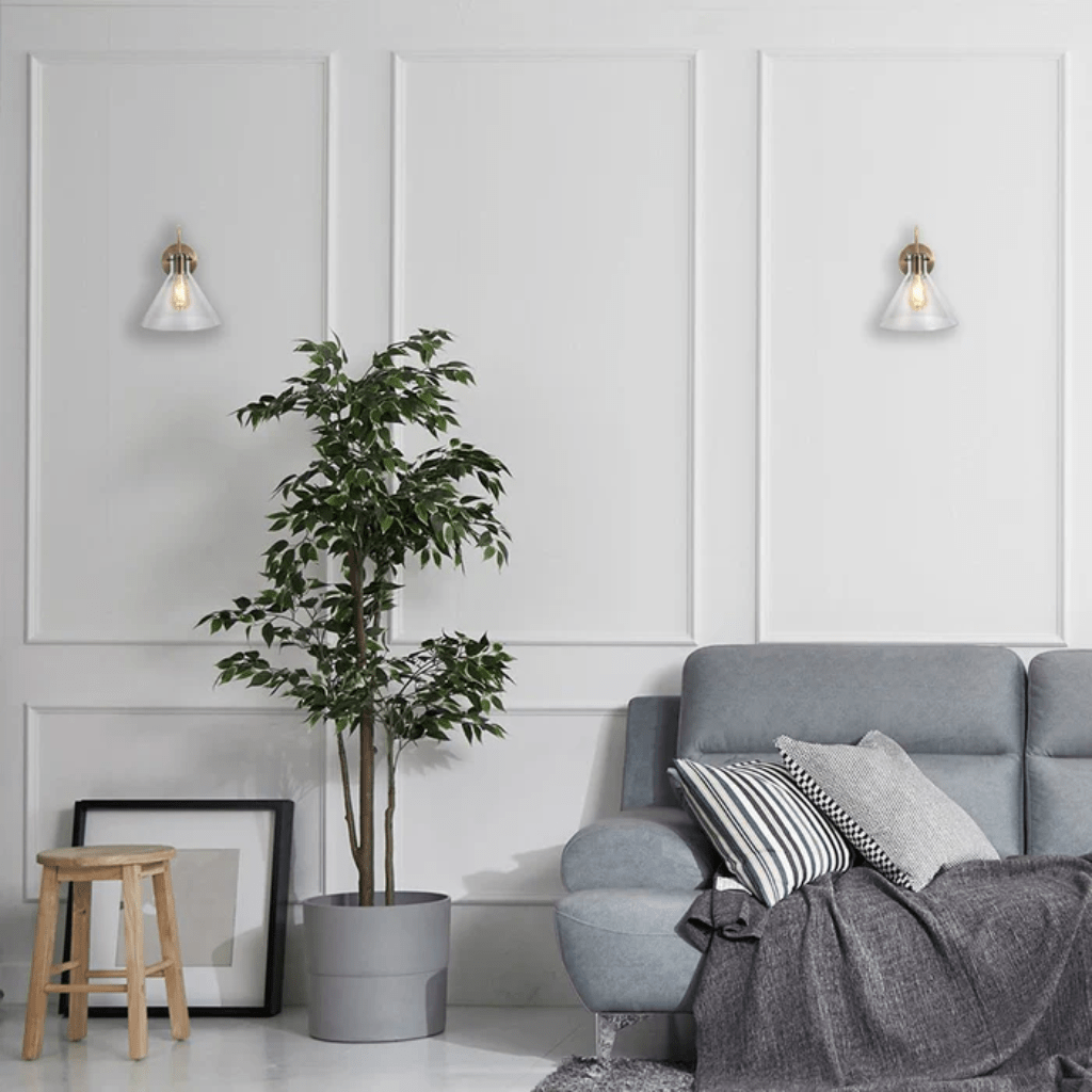 TKLD Wall & Sconce Lights Antique Brass Metal Clear Glass Funnel Wall Light E27 Fitting