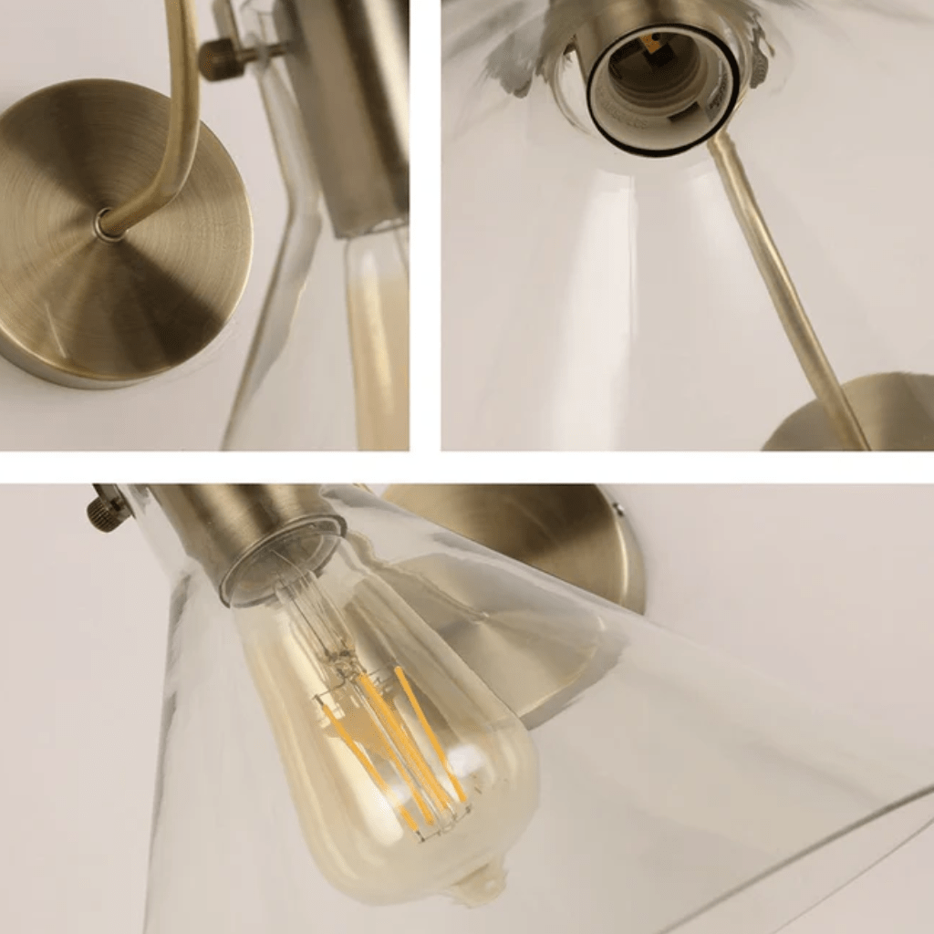 TKLD Wall & Sconce Lights Antique Brass Metal Clear Glass Funnel Wall Light E27 Fitting