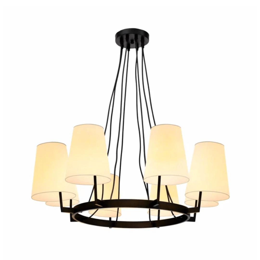TKLD Pendant & Chandeliers Beige Round Fabric Shade With Black Metal Body Chandelier Ceiling Light - 40W