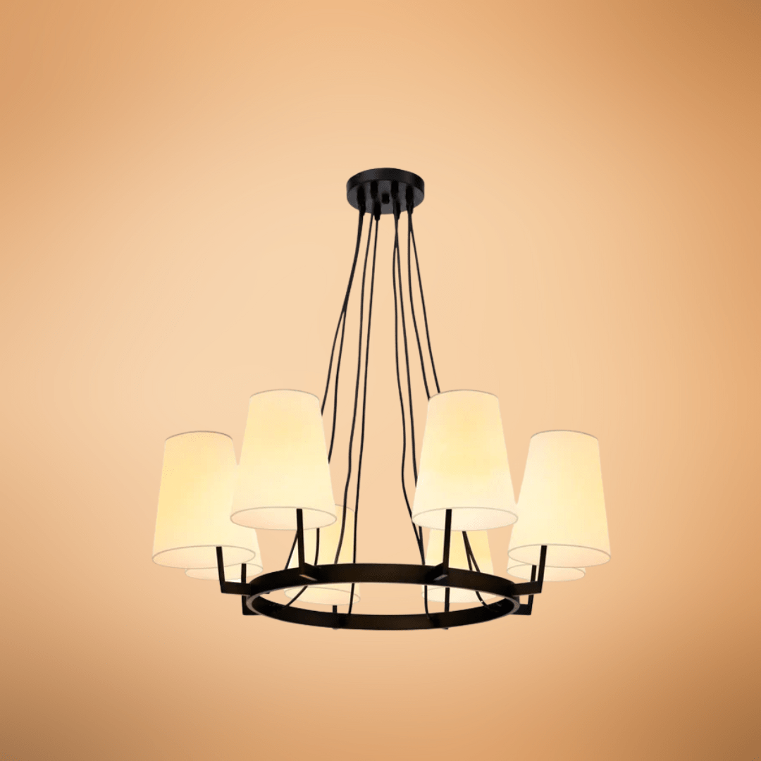 TKLD Pendant & Chandeliers Beige Round Fabric Shade With Black Metal Body Chandelier Ceiling Light - 40W
