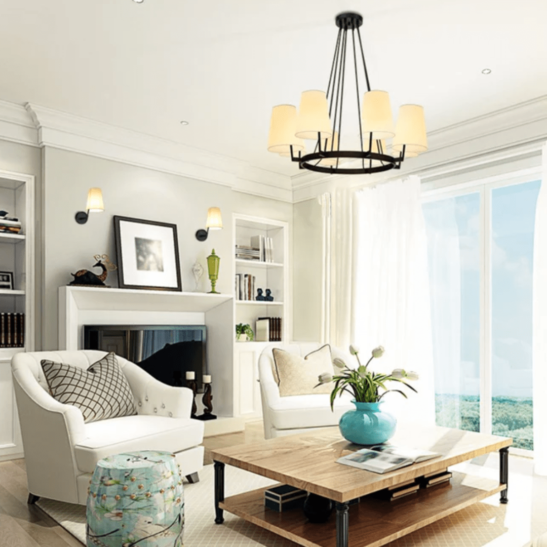 TKLD Pendant & Chandeliers Beige Round Fabric Shade With Black Metal Body Chandelier Ceiling Light - 40W