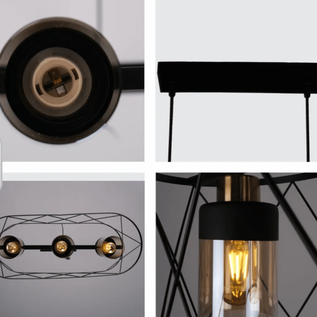 TKLD Pendant & Chandeliers Black Cage Metal Amber Cylinder Glass Island E27 Chandelier Ceiling Light