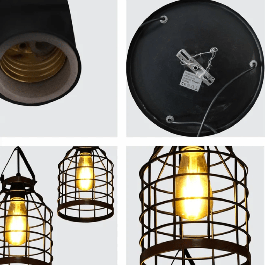 TKLD Pendant & Chandeliers Black Cage Metal E27 Pendant Ceiling Light - 3 Lamps