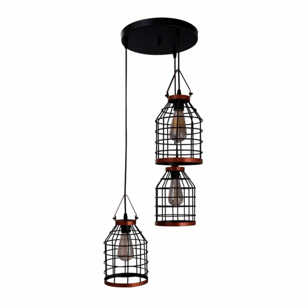 TKLD Pendant & Chandeliers Black Cage Metal E27 Pendant Ceiling Light - 3 Lamps